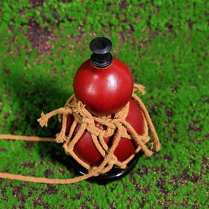 Puede incluir: Una botella de calabaza roja con un tap&oacute;n negro, envuelta en cuerda marr&oacute;n. La botella est&aacute; sobre una superficie verde.