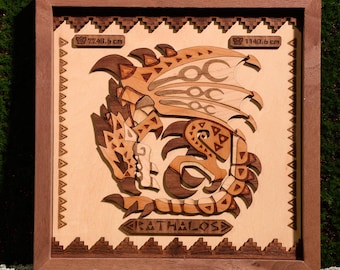 Monster Hunter Rathalos Wooden Artwork Handcrafted Engraved Artwork with Large Small Crowns, Unique Gift for Monster Hunter Fans and Gamers