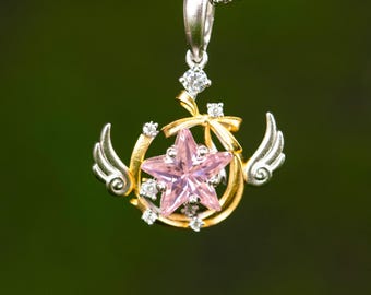 Cardcaptor Sakura Star Wand Necklace 925 Silver Pink Crystal Magical Girl Jewelry Cosplay Gift