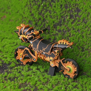 Front-facing view of the 3D printed Zelda BOTW Master Cycle Zero model, showcasing its futuristic mechanical design and sturdy construction. This detailed replica combines artistic craftsmanship with game-accurate features, including working front suspension and a color palette true to the original in-game design. Ideal for collectors who love high-quality video game memorabilia and immersive decor pieces that pay homage to their favorite franchises.