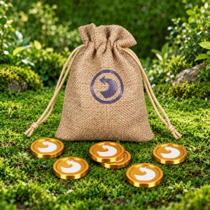 May include: A tan hessian drawstring pouch featuring a dark blue circular logo with a white arrow icon. Five gold-coloured circular tokens with white arrow symbols are arranged in front of the pouch on a green mossy surface.