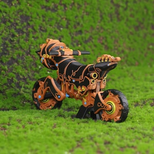 Highly detailed Master Cycle Zero 3D print inspired by Zelda BOTW and TOTK, positioned against a neutral background to focus attention on the vehicle's complex shapes, textures, and game-inspired aesthetics. The model's structure reflects both magical and mechanical elements from the game, and the suspension system is clearly visible. Perfect for showcasing in any fantasy or video game-themed decor setup and a must-have for dedicated fans of the Zelda franchise.