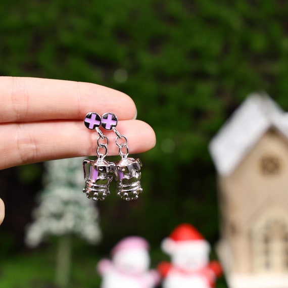 Jinx Grenade Stud Earrings Sterling Silver Ear Post with Platinum-Plated Copper League of Legends Fans Birthday LoL Gifts for Couples