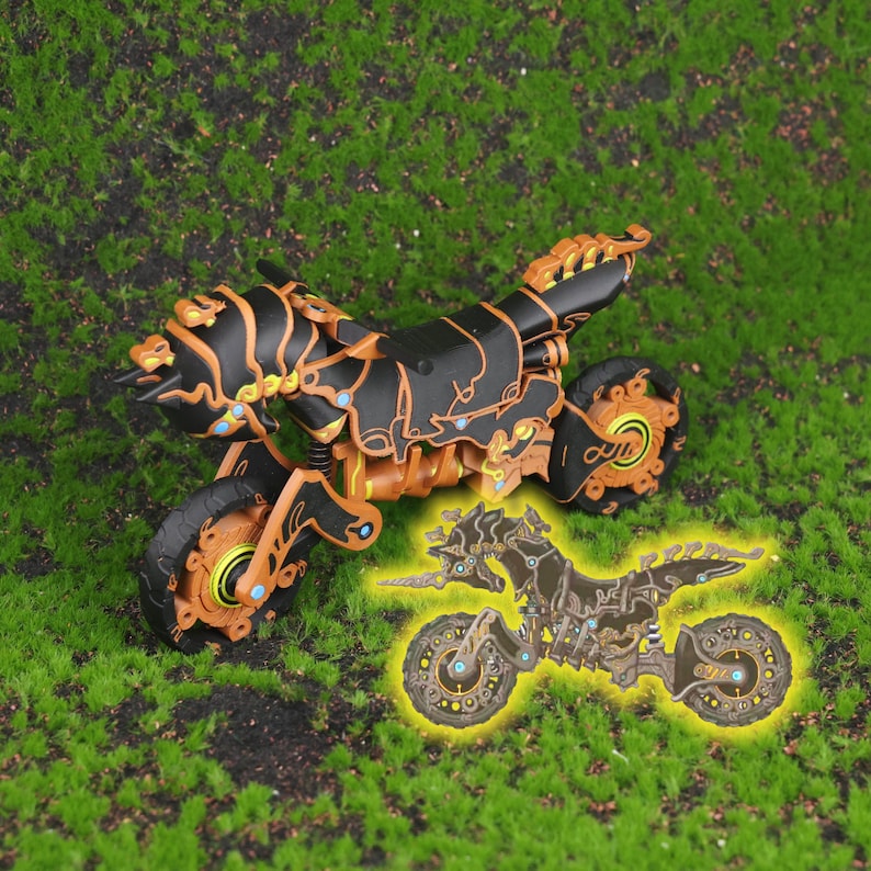 3D printed replica of the Master Cycle Zero from The Legend of Zelda: Breath of the Wild and Tears of the Kingdom, displayed at an angle to highlight the detailed design, mechanical accuracy, and game-authentic black and orange color tones. The image showcases the intricate body structure and the spring-loaded suspension system on both wheels, emphasizing its realism and appeal to gaming fans and collectors. Ideal for use as a centerpiece in a gaming room, office shelf