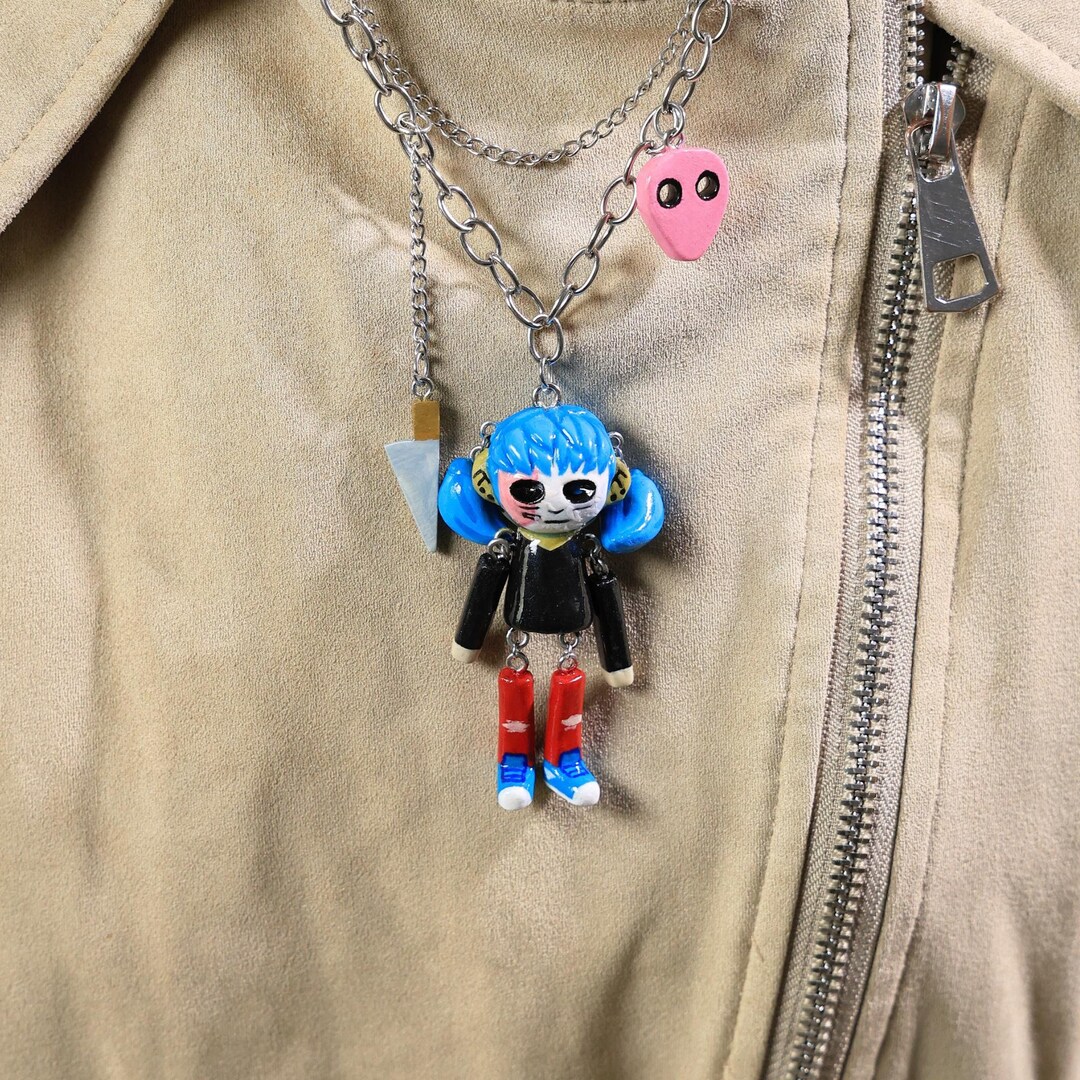 Halloween Sally Face Necklace With Mini Guitar Keychain, Handmade