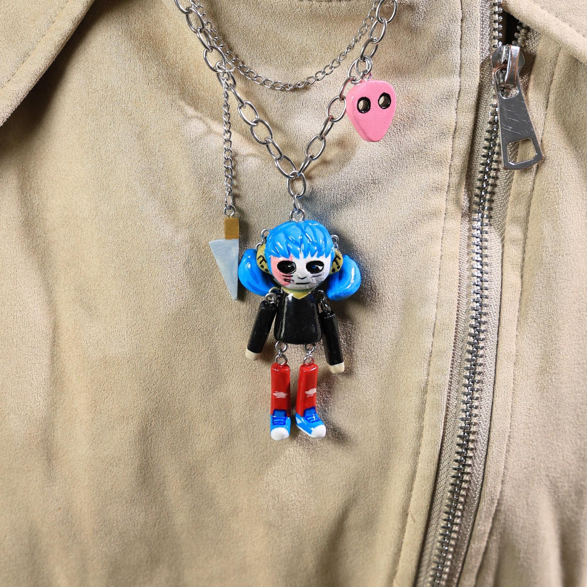 Halloween Sally Face Necklace With Mini Guitar Keychain, Handmade