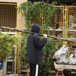 May include: A long, black staff with ornate gold and cream-colored detailing. The staff is held over a person's shoulder, with a black jacket and pants. The background includes green foliage, a yellow fence, and a stone sculpture.