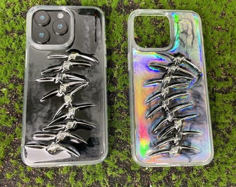 Cyberpunk Spine iPhone Case Handmade Fishbone Phone Cover 3D Metallic Bone Shiny Skull Case Gift for Fishbone Lovers Chrome Effect iphone