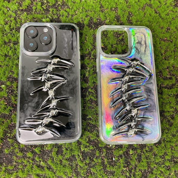 Funda para iPhone Cyberpunk Spine, hecha a mano, con diseño de espina de pescado, carcasa metálica 3D con calavera brillante, regalo para amantes de la espina de pescado, efecto cromado para iPhone.