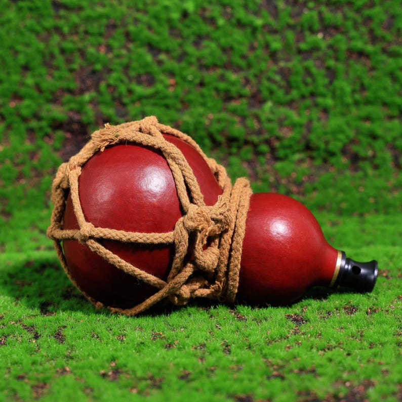 Puede incluir: Una calabaza roja con una red de cuerda marr&oacute;n envuelta alrededor. La calabaza tiene un peque&ntilde;o pico y est&aacute; acostada sobre un lecho de musgo verde.