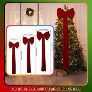 Puede incluir: Lazos rojos de terciopelo para árbol de Navidad en tres tamaños: 45 cm, 55 cm y 65 cm de ancho. Los lazos tienen largas colas fluidas. El lazo más grande mide 200 cm de largo. También se muestra un árbol de Navidad decorado.