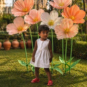 May include: A child stands in a garden with large, artificial flowers in peach, pink, and white. The flowers have yellow centres and green stems. The child wears a white dress and red shoes.