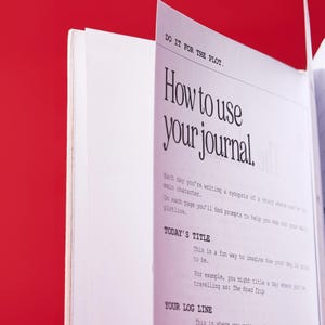 以下が含まれることがあります： 表紙に「DO IT FOR THE PLOT.」と「How to use your journal.」と書かれた白いジャーナル。このジャーナルには、毎日ストーリーの要約を書く方法に関する指示が記載されています。