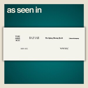 May include: A white background with the text "as seen in" in black. Below the text are the logos of several publications, including The Age, Bazaar, The Sydney Morning Herald, SmartCompany, Body+Soul, and Nomad.