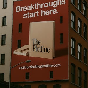 以下が含まれることがあります： 「Breakthroughs start here.」という白い文字が書かれた赤い看板。看板には、「The Plotline」という文字が書かれたベージュの本が掲載されています。本の下には、「doitforthetheplotline.com」というウェブサイトのアドレスが印刷されています。