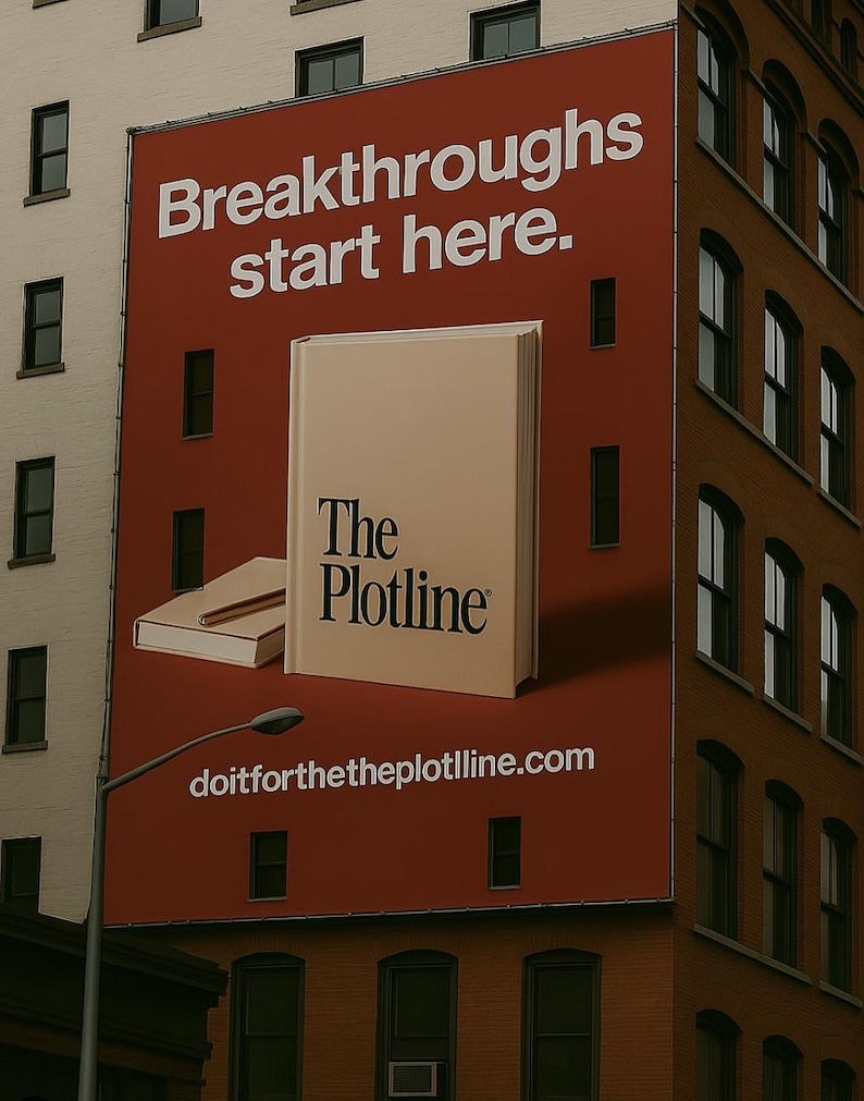 以下が含まれることがあります： 「Breakthroughs start here.」という白い文字が書かれた赤い看板。看板には、「The Plotline」という文字が書かれたベージュの本が掲載されています。本の下には、「doitforthetheplotline.com」というウェブサイトのアドレスが印刷されています。