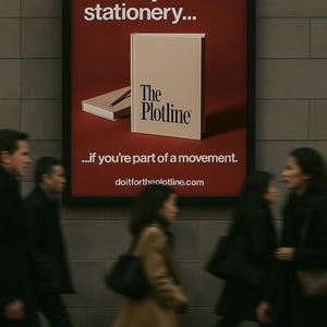 以下が含まれることがあります： 「ただの文房具じゃない... The Plotline... ムーブメントの一部なら。doitfortheplotline.com」と書かれた赤いポスター。ポスターには、クリーム色の閉じたノートブックが描かれており、表紙には「The Plotline」という文字が書かれている。
