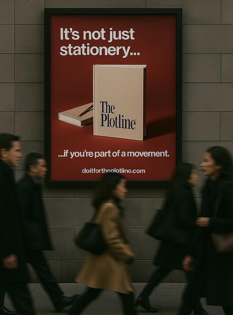 以下が含まれることがあります： 「ただの文房具じゃない... The Plotline... ムーブメントの一部なら。doitfortheplotline.com」と書かれた赤いポスター。ポスターには、クリーム色の閉じたノートブックが描かれており、表紙には「The Plotline」という文字が書かれている。