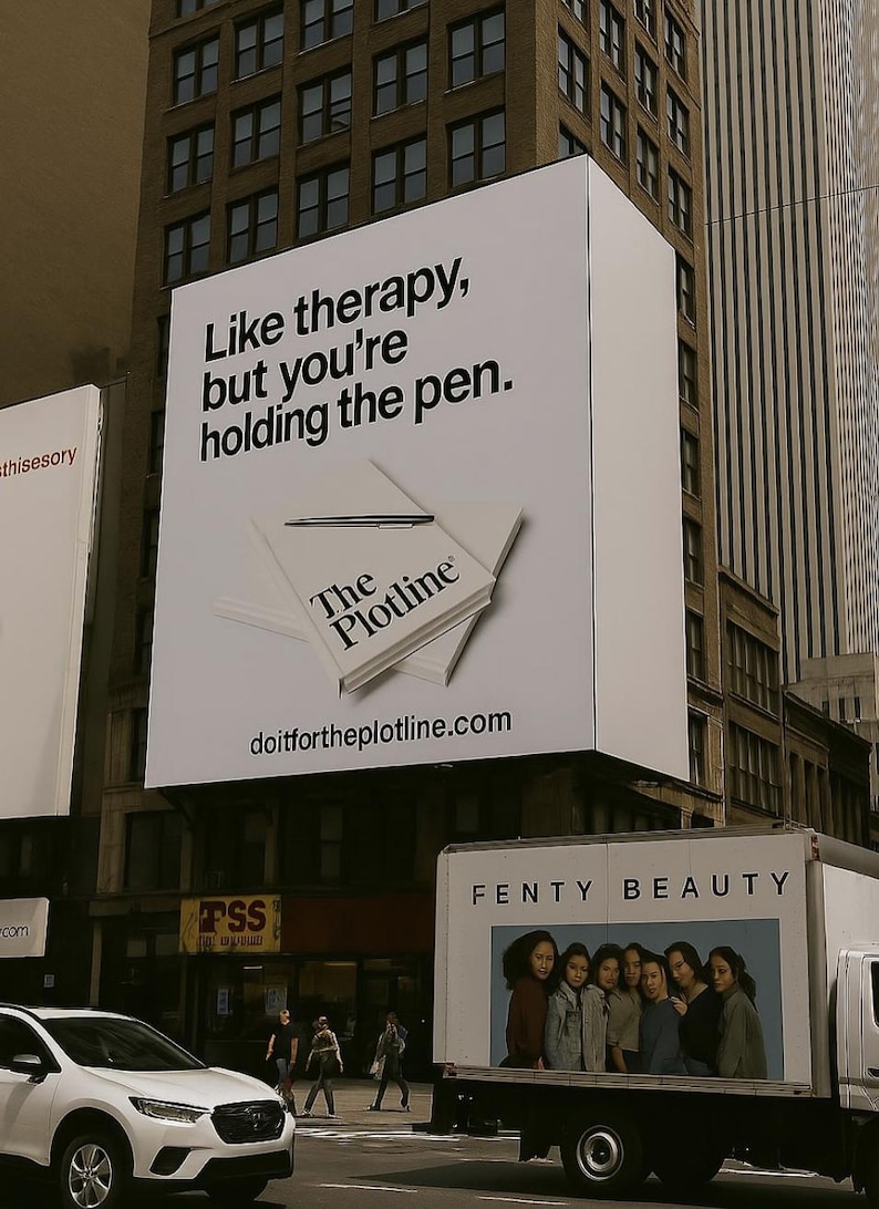 以下が含まれることがあります： 「Like therapy, but you're holding the pen.」というテキストと、「The Plotline」のロゴ、そしてウェブサイトアドレス「doitfortheplotline.com」が書かれた白い看板。