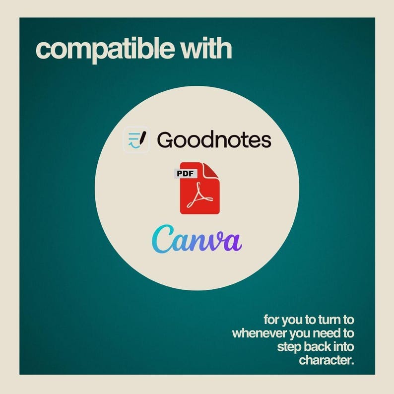 May include: A graphic showing the compatibility of a product with Goodnotes and Canva apps. The graphic features a red PDF icon with a white background and the text "compatible with" in white on a teal background.