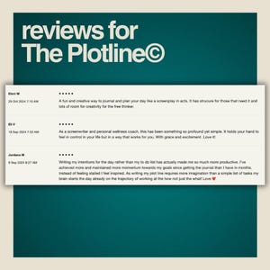 May include: Screenshots of positive reviews for The Plotline, a journal for planning your day like a screenplay. The reviews highlight the journal's effectiveness for writers, personal wellness coaches, and anyone looking to increase productivity.