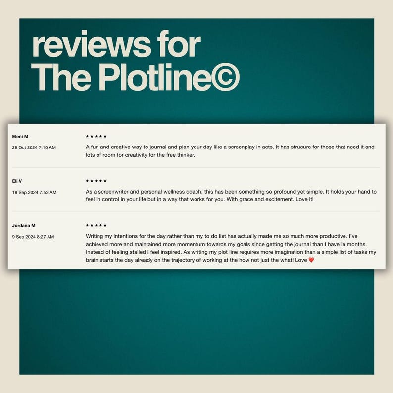 May include: Screenshots of positive reviews for The Plotline, a journal for planning your day like a screenplay. The reviews highlight the journal's effectiveness for writers, personal wellness coaches, and anyone looking to increase productivity.