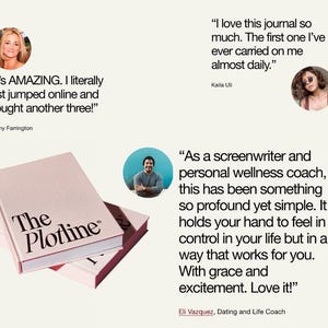 以下が含まれることがあります： 表紙に「The Plotline」という文字が書かれたピンク色のノートが2冊。ノートは重ねられています。画像には、ノートに関する顧客からのコメントが掲載されています。