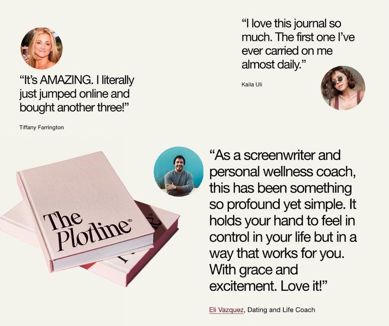 以下が含まれることがあります： 表紙に「The Plotline」という文字が書かれたピンク色のノートが2冊。ノートは重ねられています。画像には、ノートに関する顧客からのコメントが掲載されています。