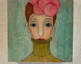 Pearl Portrait Painting: Knitted Hair, Turtleneck Sweater, Whimsical Art