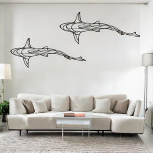Arte de pared de metal con forma de tiburón: decoración única para el hogar y la oficina: decoración moderna para la sala de estar, regalo de inauguración de la casa, colgante de pared sobre la cama, decoración con tiburones