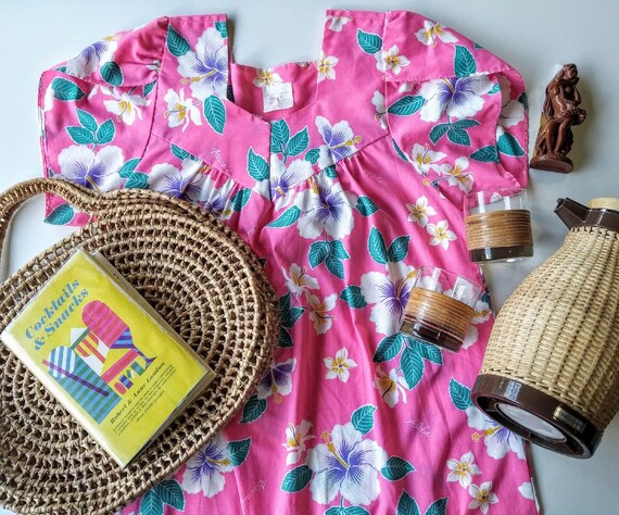 Vintage Hawaiian Pink Maxi Dress Floral Flowers Ha