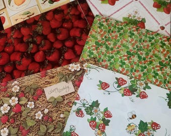Vintage Strawberry Wrapping Paper Lot of 7 Sheets, Cottagecore Gift Wrap, Berry Floral Paper, Scrapbooking Supplies, Happy Birthday Wrap NOS