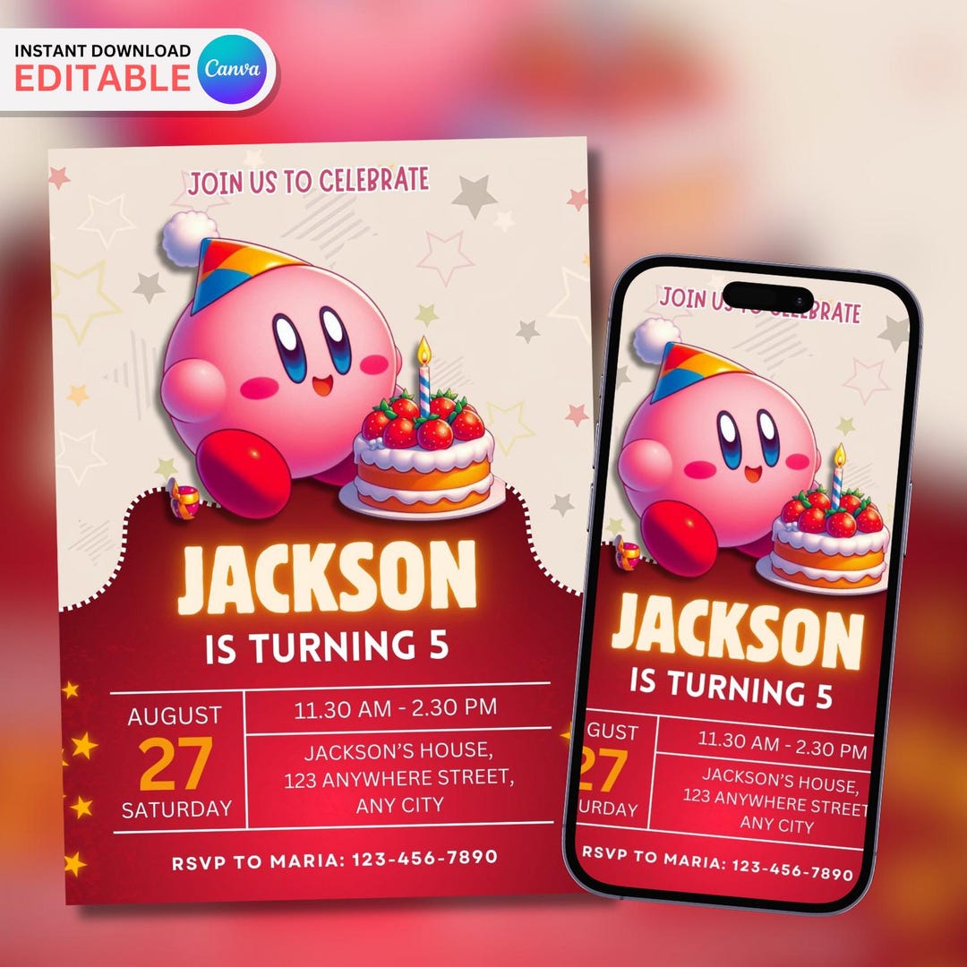 Editable Kirby Birthday Party Invitation Template kirby Invite For Kids editable-kirby-birthday-party-invitation-template-kirby-invite-for-kids