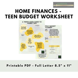 May include: A printable worksheet for teens on home finances and budgeting. The worksheet includes a quick guide to money tips and a monthly budget planner. The worksheet is designed for an 8.5" x 11" sheet of paper.