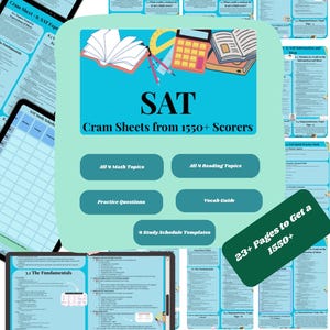 Puede incluir: Imagen de guías de estudio digitales para el SAT. El gráfico principal muestra "SAT Cram Sheets from 1550+ Scorers". El texto adicional incluye "All 4 Math Topics", "All 4 Reading Topics", "Practice Questions" y "Vocab Guide". También se muestra una tableta con materiales de estudio.