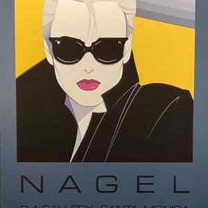 May include: A black and white illustration of a woman wearing sunglasses and a black jacket. The background is yellow. The text "NAGEL" and "B-1 GALLERY SANTA MONICA" is at the bottom of the image.