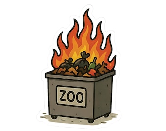 Naklejka z pożarem śmietnika w zoo, zabawna naklejka z chaosem, sarkastyczny prezent dla współpracownika, dziwna naklejka z humorem, prezent z pożarem śmietnika, zabawna naklejka z zoo