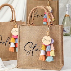 Personalized Bridesmaid Gift Bag with charm, Custom Burlap Gift Bag, Beach Tote Bag, Bridesmaid Proposal Gift Bag,Mother’s Day Gift