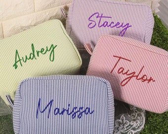 Custom Seersucker Cosmetic Bag, Personalized Embroidered Makeup Bag, Monogrammed Toiletry Bag, Bridesmaid Gift, Christmas Gift, Gift for Her