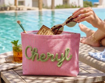 Personalized Seersucker Makeup Bag,Custom Name Toiletry Bag, Vacation Travel Pouch,Gift for Her