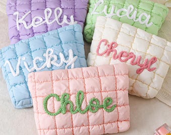 Personalized Quilted Nylon Makeup Bag,Custom Quilted Zipper Pouch,Bridesmaid Gift,Bachelorette Gift,Puffer Bag for Travel,Gift for Her