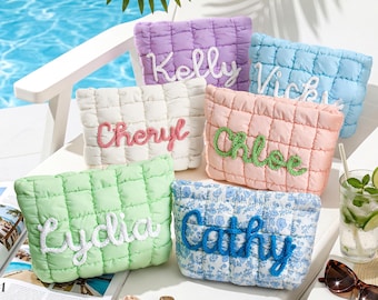 Personalized Quilted Nylon Makeup Bag,Custom Quilted Zipper Pouch,Bridesmaid Gift,Bachelorette Gift,Puffer Bag for Travel,Gift for Her
