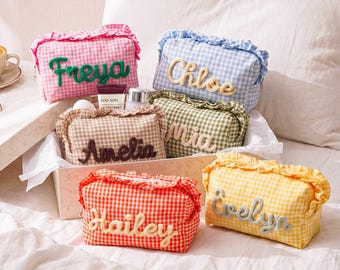 Personalized Gingham Makeup Bag, Custom Name Cosmetic Pouch, Ruffle Toiletry Bag, Bridesmaid Gift
