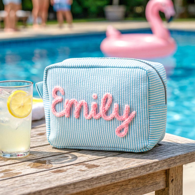 May include: A rectangular light blue and white pinstriped zippered pouch featuring the name Emily in raised, textured pink script lettering on the front. The pouch is constructed with a structured fabric and a top zipper closure.