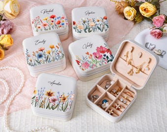 Personalized Floral Travel Jewelry Box, Bridesmaid Gifts, Custom Leather Jewelry Case, Gifts for Her