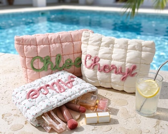 Personalized Quilted Makeup Bag, Custom Name Toiletry Bag, Vacation Travel Pouch, Summer Beach Organizer