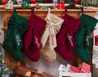 Personalized Bow Christmas Stockings, Family Christmas Stocking With Name, Velvet Stockings, Christmas Gifts, Holiday Decor Gift