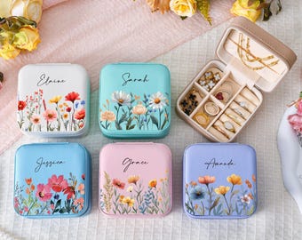Personalized Floral Travel Jewelry Case, Custom Name Jewelry Box, Bridesmaid Gifts, Wedding Favors, Gift for Her