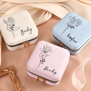 Personalized Travel Jewelry Box, Bridesmaid Proposal Gifts, Gifts for Her, Party Favors, Custom Birth Flower Jewelry Case, Jewelry Organizer