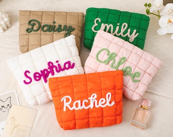 Personalized Quilted Nylon Makeup Bag,Custom Quilted Zipper Pouch,Bridesmaid Gift,Bachelorette Gift,Puffer Bag for Travel,Gift for Her